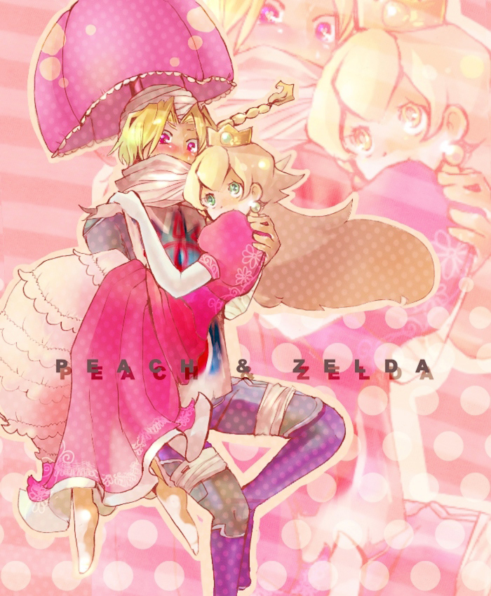 princess peach, sheik, mario (series), nintendo, super smash bros., the legend of zelda, bad id, bad pixiv id, 2girls, androgynous, bandages, blonde hair, blush, braid, carrying, couple, crown, earrings, elbow gloves, gloves, green eyes, jewelry, long hair, mask, multiple girls, princess carry, red eyes, reverse trap, smile, surcoat, umbrella, yuri