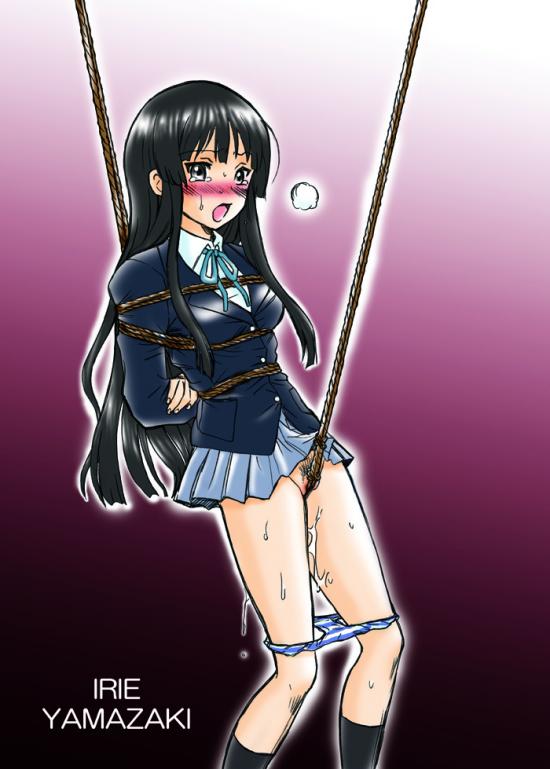 irie yamazaki, akiyama mio, k-on!, 00s, 1girl, arms behind back, bdsm, blush, bondage, bound, box tie, crotch rope, crotch tie rope, panties, panty pull, pubic hair, pussy juice, school uniform, sweat, tears, underwear