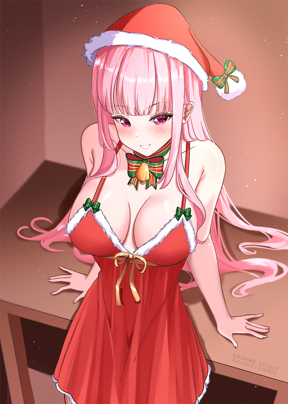 orihimestudio, mori calliope, hololive, hololive english, commentary, english commentary, highres, 1girl, :d, alternate costume, blunt bangs, bow, bowtie, breasts, cleavage, dress, fur-trimmed dress, fur-trimmed headwear, fur trim, green bow, green bowtie, grin, hat, indoors, large breasts, long hair, looking at viewer, open mouth, pink eyes, pink hair, pom pom (clothes), red dress, red hat, santa hat, sidelocks, sleeveless, sleeveless dress, smile, solo, very long hair, virtual youtuber