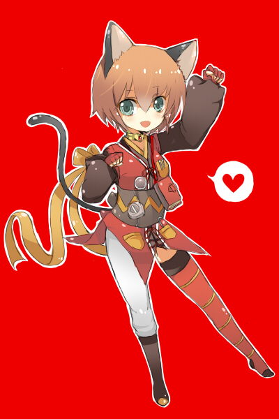 tsukiriran, rita mordio, tales of (series), tales of vesperia, 00s, 1girl, animal ears, asymmetrical clothes, brown hair, cat ears, cat tail, female focus, gloves, green eyes, pantyhose, red background, short hair, single leg pantyhose, smile, solo, tail