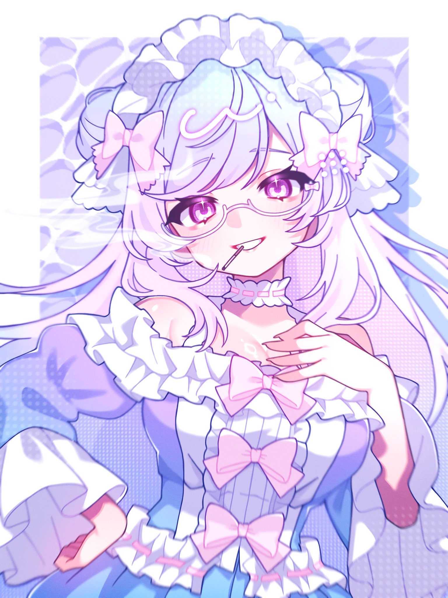 bad id, bad twitter id, character request, copyright request, highres, 1girl, bow, breasts, choker, cigarette, cleavage, double bun, glasses, grey-framed eyewear, grey hair, hair bow, hair bun, hand on own chest, hand on own hip, large breasts, long sleeves, maosuke 064, pink bow, pink eyes, round eyewear, semi-rimless eyewear, smoke, solo, under-rim eyewear, upper body, white choker