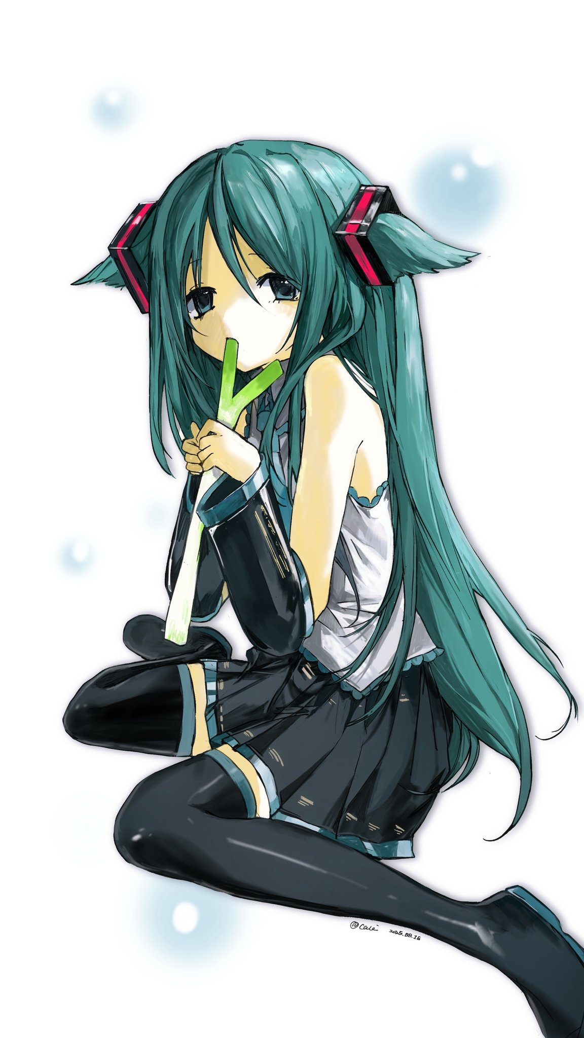 caki, hatsune miku, saya (saya no uta), saya no uta, vocaloid, hashtag-only commentary, highres, aqua hair, cosplay, flat chest, hatsune miku (cosplay), shirt, sleeveless, sleeveless shirt, spring onion, twintails
