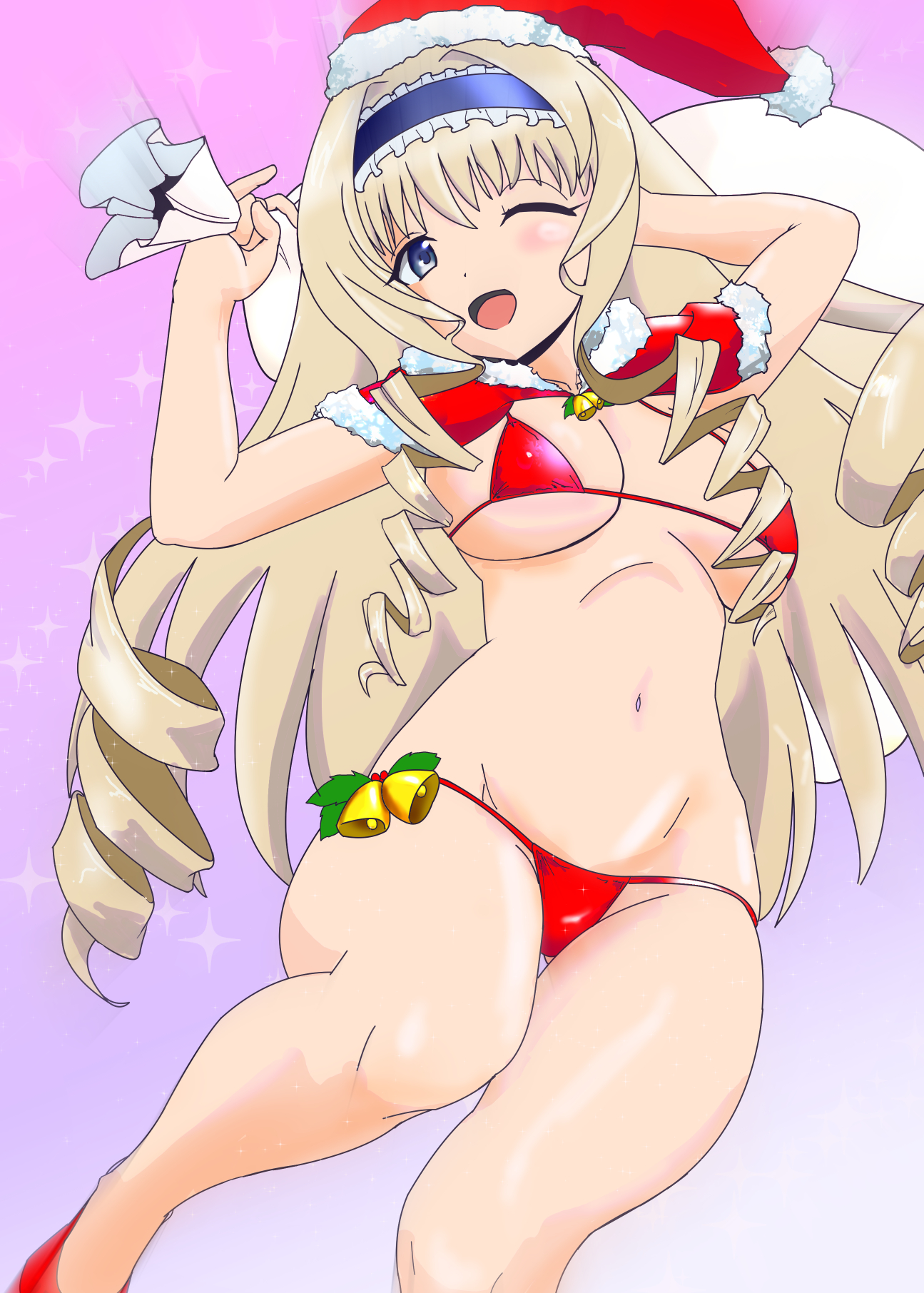 cecilia alcott, infinite stratos, highres, 1girl, arm behind head, armpits, bag, bikini, blue eyes, breasts, christmas, cleavage, drill hair, hairband, high heels, large breasts, legs, long hair, looking at viewer, navel, one eye closed, open mouth, red bikini, santa bikini, santa costume, sideboob, smile, solo, swimsuit, thighs, tongue, underboob, wink