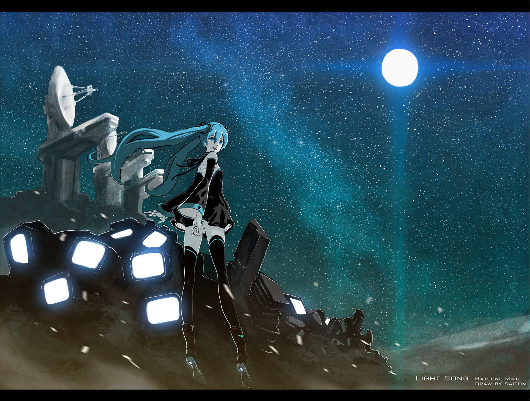 saitou masatsugu, hatsune miku, vocaloid, bad id, bad pixiv id, highres, photoshop (medium), 1girl, aqua eyes, aqua hair, detached sleeves, female focus, headphones, headset, letterboxed, long hair, moon, panties, pantyshot, skirt, smile, solo, striped clothes, striped panties, thighhighs, twintails, underwear, upskirt, very long hair