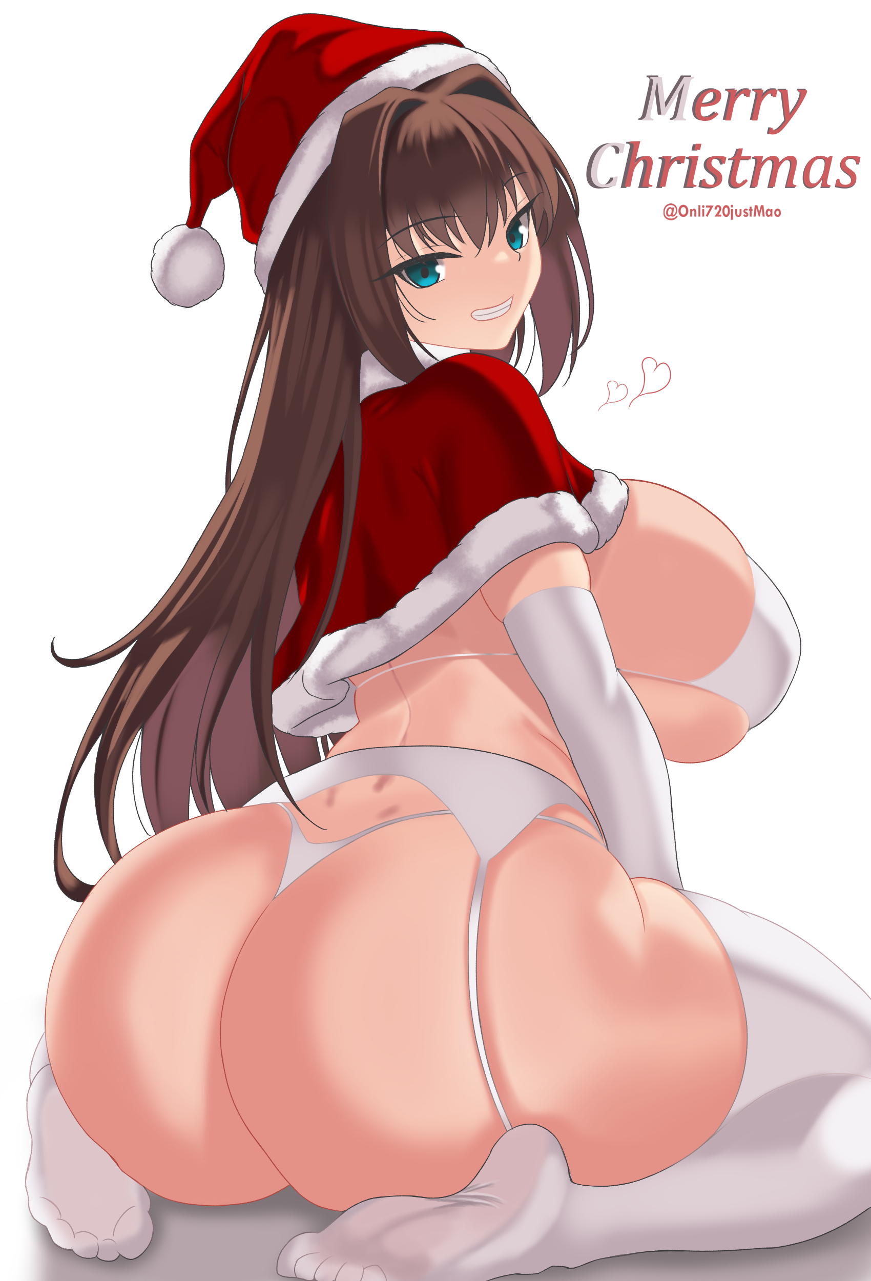 onli720justmao, aozaki aoko, mahou tsukai no yoru, absurdres, highres, 1girl, ass, back, bikini, blue eyes, blush, breasts, brown hair, capelet, elbow gloves, fur-trimmed headwear, fur trim, garter belt, gloves, grin, hair intakes, hat, huge ass, large breasts, long hair, looking at viewer, looking back, merry christmas, red capelet, red hat, santa hat, sideboob, sidelocks, sitting, smile, swimsuit, thighhighs, white bikini, white gloves, white thighhighs, wide hips