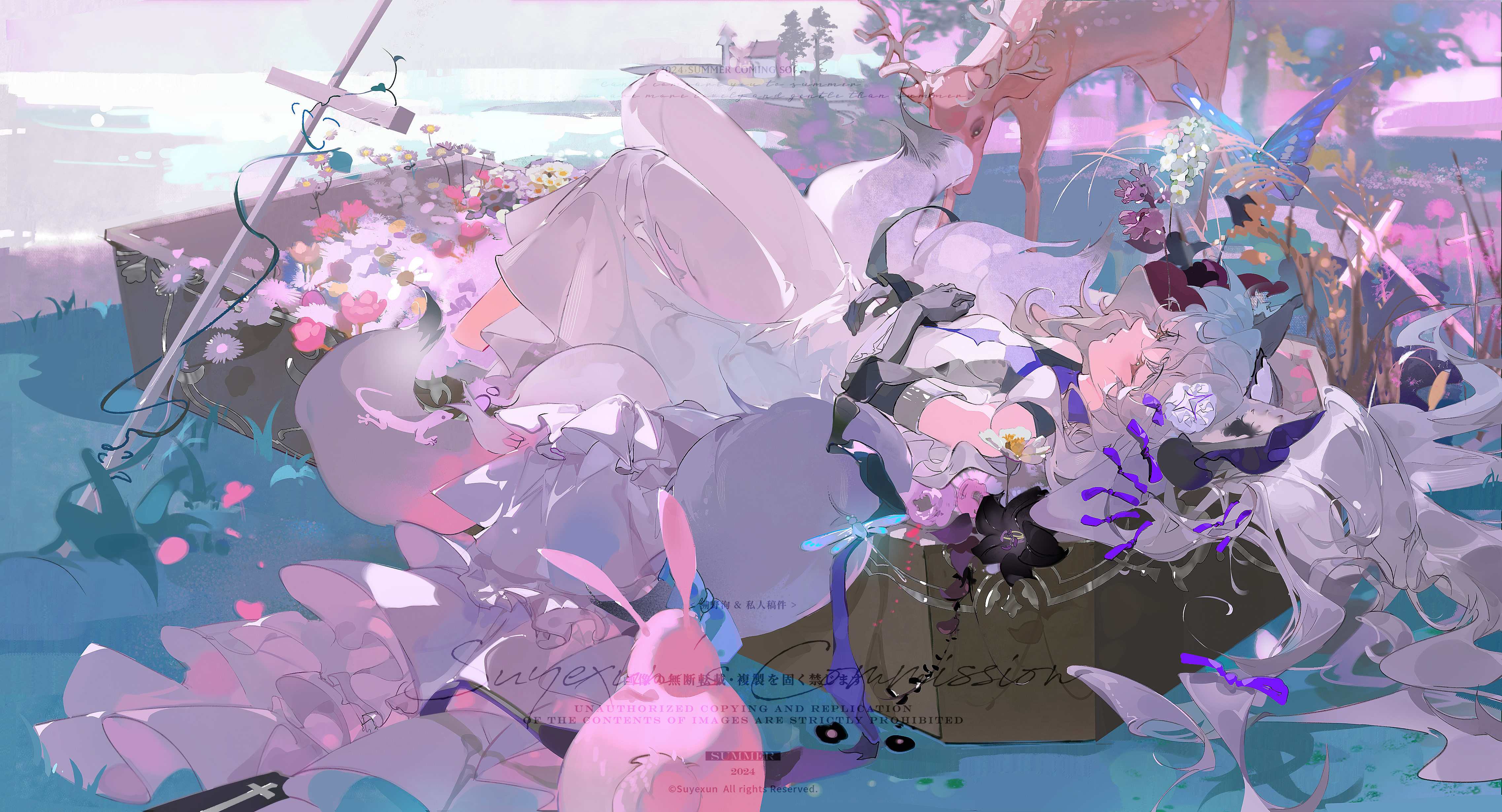 xixun, original, absurdres, chinese commentary, commentary request, commission, highres, 1girl, animal ears, black flower, black gloves, bow, closed eyes, closed mouth, deer, dress, flower, fox ears, fox girl, fox tail, gloves, grey hair, hair bow, hands on own stomach, lizard, long hair, lying, on back, purple bow, rabbit, red flower, solo, tail, very long hair, white dress, white flower