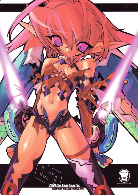 blade (galaxist), zizel the beastmaster, phantasy star, phantasy star online, blade, 1girl, ahoge, artist name, bare shoulders, blush, character name, choker, copyright name, dated, dual wielding, energy blade, female focus, flat chest, glowing, hair between eyes, halterneck, holding, jewelry, loli, long pointy ears, looking at viewer, midriff, navel, neck ring, open fly, parted lips, petite, pink eyes, pointy ears, red eyes, red hair, short hair, simple background, solo, spread legs, standing, thigh strap, thighhighs, torn clothes, unzipped, weapon, white background, zipper, zipper pull tab