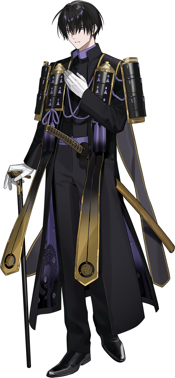 itefu, touken ranbu, highres, official art, third-party source, variant set, 1boy, armor, atakigiri (touken ranbu), belt, black coat, black hair, black scarf, black shirt, black shoes, buttons, cane, coat, coattails, collar, dress shoes, expressionless, full body, furrowed brow, gloves, gold trim, gradient scarf, hair over eyes, hand on own chest, high collar, holding, holding cane, japanese armor, katana, long coat, long sleeves, looking at viewer, male focus, multicolored coat, open clothes, open coat, pale skin, parted lips, pauldrons, print coat, print scarf, purple belt, purple coat, purple collar, purple eyes, purple rope, rope, scabbard, scarf, sheath, shirt, shoes, short hair, shoulder armor, sode, solo, standing, stole, sword, tachi-e, tailcoat, tassel, transparent background, two-tone coat, uchigatana, weapon, white gloves, yellow scarf