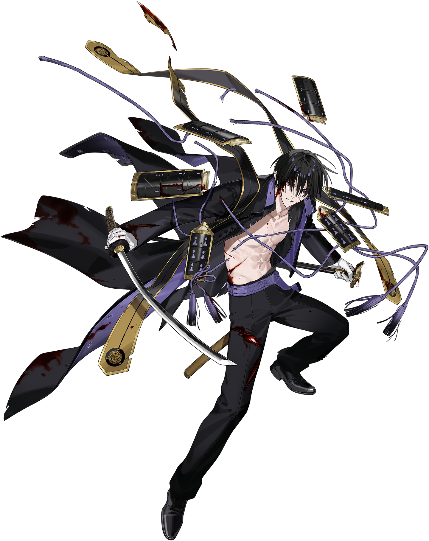 itefu, touken ranbu, highres, official art, third-party source, 1boy, abs, armor, asymmetrical dual wielding, atakigiri (touken ranbu), belt, black coat, black hair, black scarf, black shirt, black shoes, blood, blood on armor, blood on clothes, blood on face, blood on neck, blood on stomach, bloody weapon, buttons, cane, coat, coattails, collar, dress shoes, dual wielding, fighting stance, floating clothes, floating scarf, full body, furrowed brow, gloves, gold trim, gradient scarf, hair over eyes, half-closed eye, high collar, holding, holding cane, holding sword, holding weapon, japanese armor, katana, long coat, long sleeves, looking at viewer, male focus, multicolored coat, no nipples, open clothes, open coat, open mouth, open shirt, pale skin, pants, pauldrons, print coat, print scarf, purple belt, purple coat, purple collar, purple eyes, purple rope, rope, scabbard, scarf, serious, sheath, shirt, shoes, short hair, shoulder armor, sode, solo, standing, stole, stomach, sword, tachi-e, tailcoat, tassel, torn clothes, torn coat, torn pants, torn scarf, torn shirt, transparent background, two-tone coat, uchigatana, unsheathed, v-shaped eyebrows, weapon, white gloves, yellow scarf