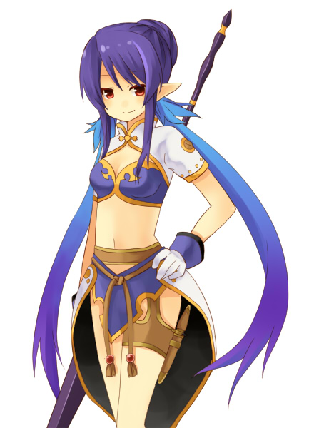 yuzuki (yuduame), judith (tales), tales of (series), tales of vesperia, 00s, 1girl, blue hair, female focus, gloves, hand on own hip, hip focus, holding behind back, holding polearm, holding polearm behind back, holding weapon, holding weapon behind back, long hair, midriff, pointy ears, polearm, purple eyes, smile, solo, spear, weapon, white gloves