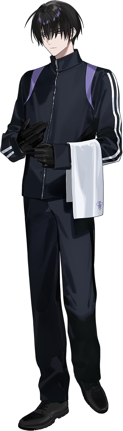 itefu, touken ranbu, highres, official art, third-party source, variant set, 1boy, adjusting clothes, adjusting gloves, atakigiri (touken ranbu), black gloves, black hair, black jacket, black pants, black shoes, closed mouth, expressionless, full body, furrowed brow, gloves, hair over eyes, high collar, jacket, long sleeves, looking at viewer, male focus, official alternate costume, pale skin, pants, purple eyes, shoes, short hair, solo, standing, tachi-e, towel, towel on arm, track jacket, track pants, track suit, transparent background, zipper, zipper pull tab