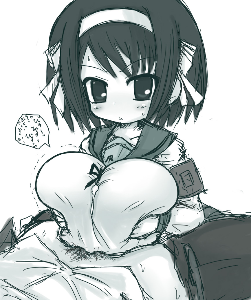 alexi (tits!), suzumiya haruhi, suzumiya haruhi no yuuutsu, 00s, 1boy, 1girl, blush, breasts, cleavage, cum, cum on clothes, hetero, huge breasts, monochrome, open mouth, paizuri, paizuri under clothes, penis, penis under another's clothes, school uniform, short hair, simple background, sketch, white background