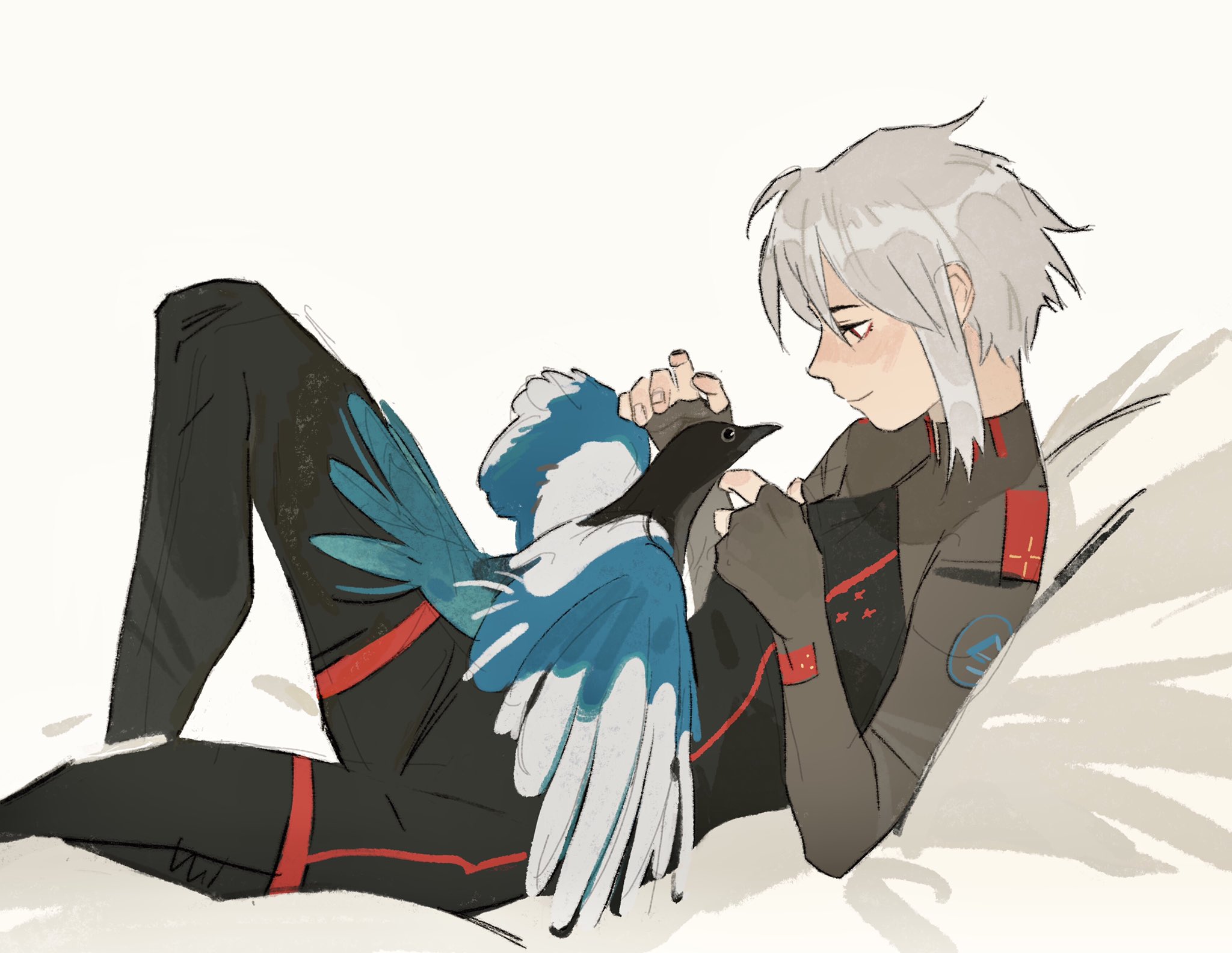 runhorserun, ariane yeong, signalis, commentary, english commentary, highres, 1girl, closed mouth, elbow rest, grey hair, knee up, lying, magpie, on back, short hair, sidelocks, smile, solo