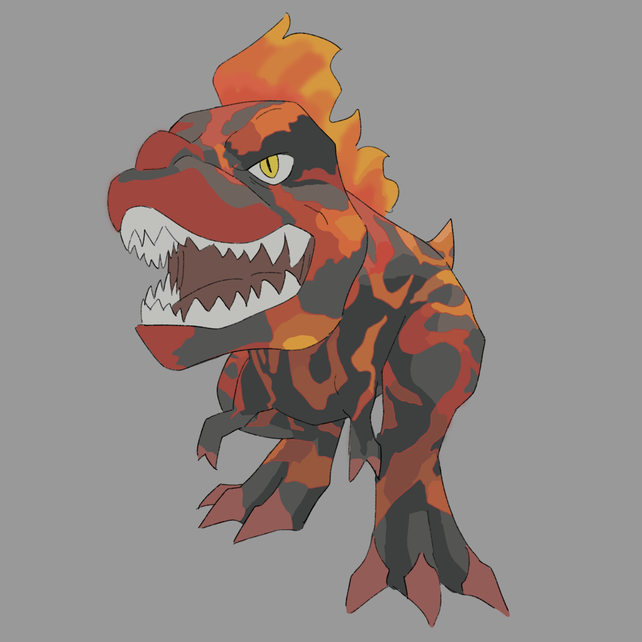 fossil fighters, commentary, english commentary, highres, claws, dinosaur, full body, grey background, lokisis, no humans, sharp teeth, simple background, slit pupils, solo, t-rex (fossil fighters), teeth, tyrannosaurus rex, vivosaur, yellow eyes