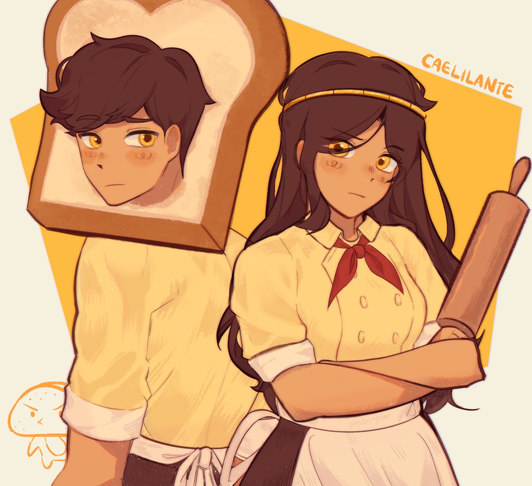 caelilante, biscuit (omori), doughie (omori), omori, highres, 1boy, 1girl, apron, artist name, black hair, blush, bread, bread slice, brother and sister, brown hair, closed mouth, collared shirt, dark-skinned female, dark-skinned male, dark skin, food, holding rolling pin, long hair, looking at viewer, neckerchief, red neckerchief, rolling pin, shirt, short hair, short sleeves, siblings, sourdough (omori), white apron