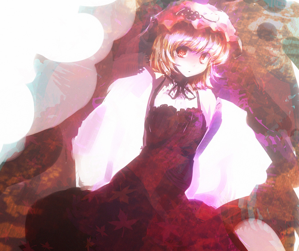 ikamagu, ikmg, aki minoriko, touhou, 1girl, apron, blonde hair, bloom, dress, female focus, food, fruit, grapes, hat, multicolored hair, neck ribbon, pink hair, ribbon, short hair, solo, staring, wide sleeves