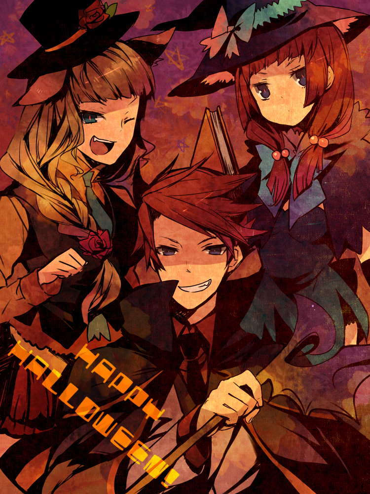 hanokage, beatrice (umineko), ushiromiya ange, ushiromiya battler, umineko no naku koro ni, 00s, 1boy, 2girls, animal ears, blonde hair, book, brother and sister, cape, flower, formal clothes, hair bobbles, hair ornament, halloween, hat, long hair, multiple girls, rose, siblings, staff, suit, top hat, witch hat