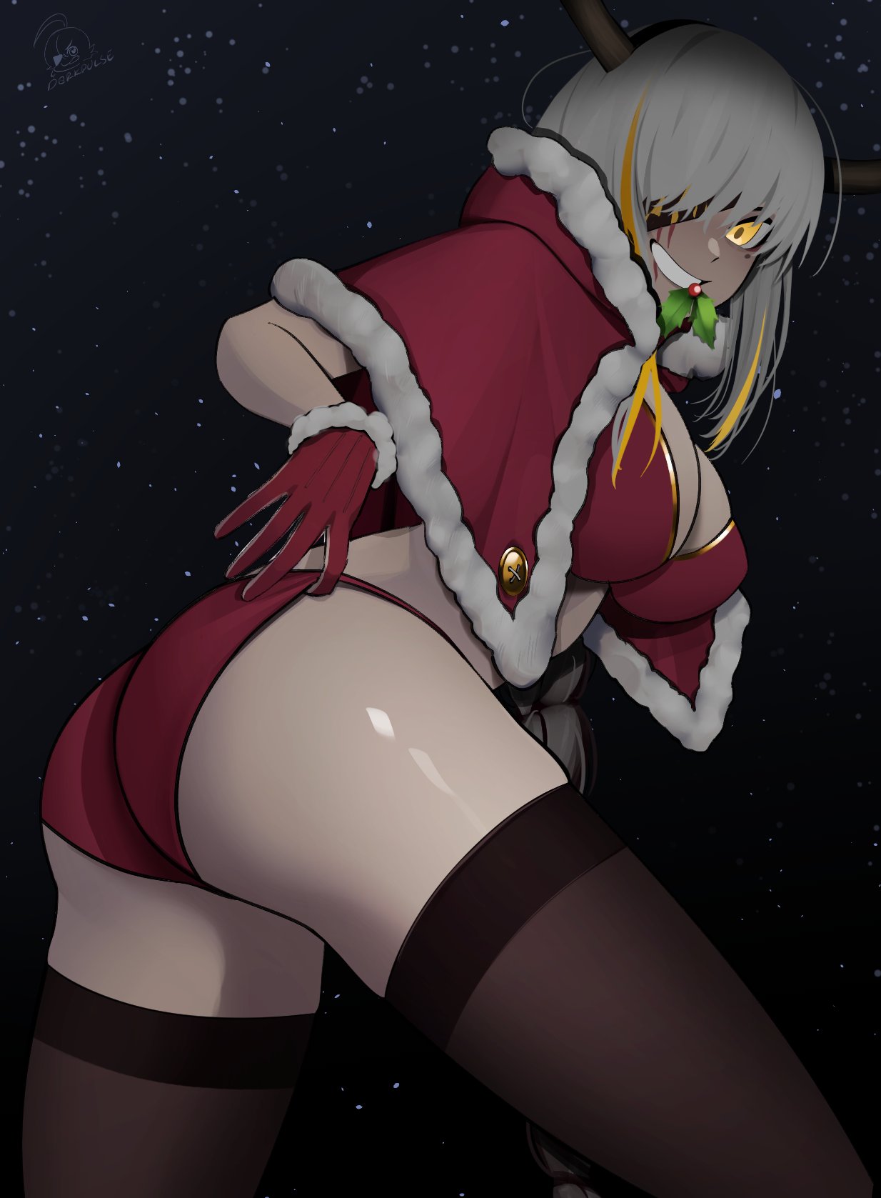 darkpulsegg, m16a1 (boss) (girls' frontline), m16a1 (girls' frontline), girls' frontline, commentary, english commentary, highres, antlers, black thighhighs, bra, braid, breasts, christmas, evil smile, eyepatch, fur-trimmed gloves, fur-trimmed jacket, fur trim, gloves, horns, jacket, large breasts, long hair, looking at viewer, merry christmas, mole, mole under eye, multicolored hair, open mouth, red bra, red gloves, red jacket, reindeer antlers, santa costume, scar, scar across eye, scar on face, sky, smile, solo, star (sky), thighhighs, underwear, white hair, yellow eyes