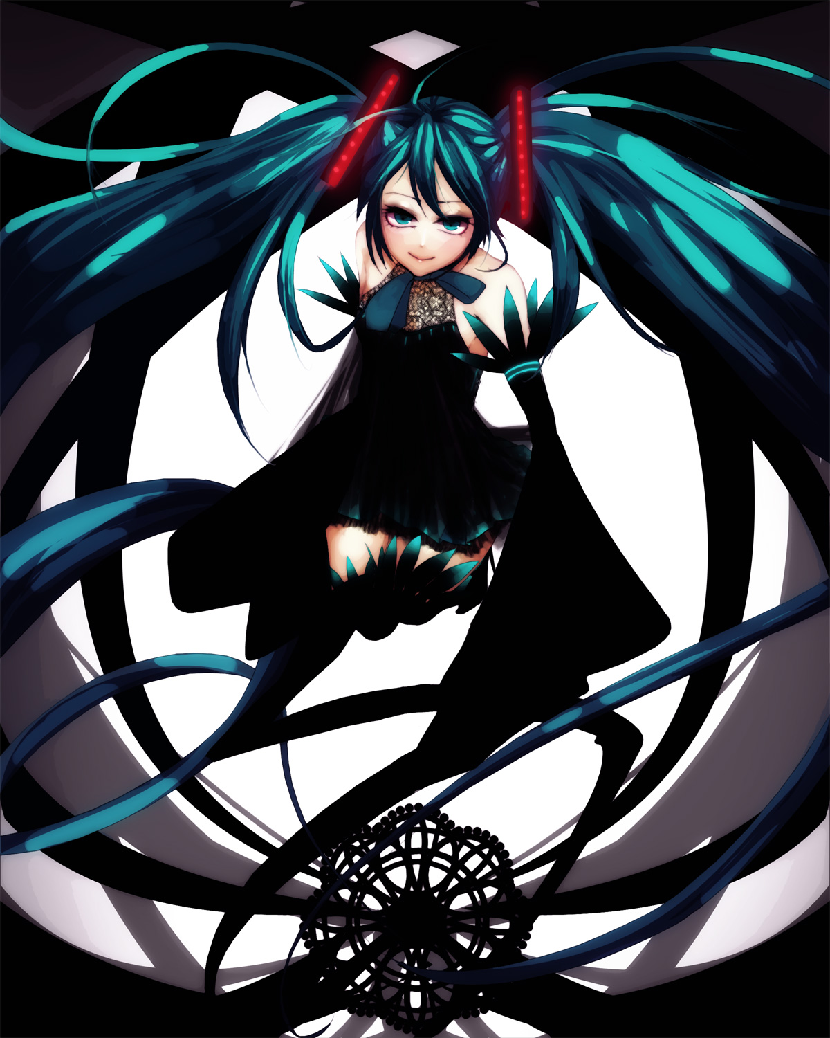 memai, hatsune miku, vocaloid, highres, 1girl, aqua eyes, aqua hair, bare shoulders, black boots, black dress, black thighhighs, boots, breasts, closed mouth, detached sleeves, dress, female focus, full body, glowing, hands in opposite sleeves, high heel boots, high heels, long hair, long sleeves, midair, sideboob, sleeveless, sleeveless dress, small breasts, smile, solo, thighhighs, twintails, very long hair, wide sleeves, zettai ryouiki