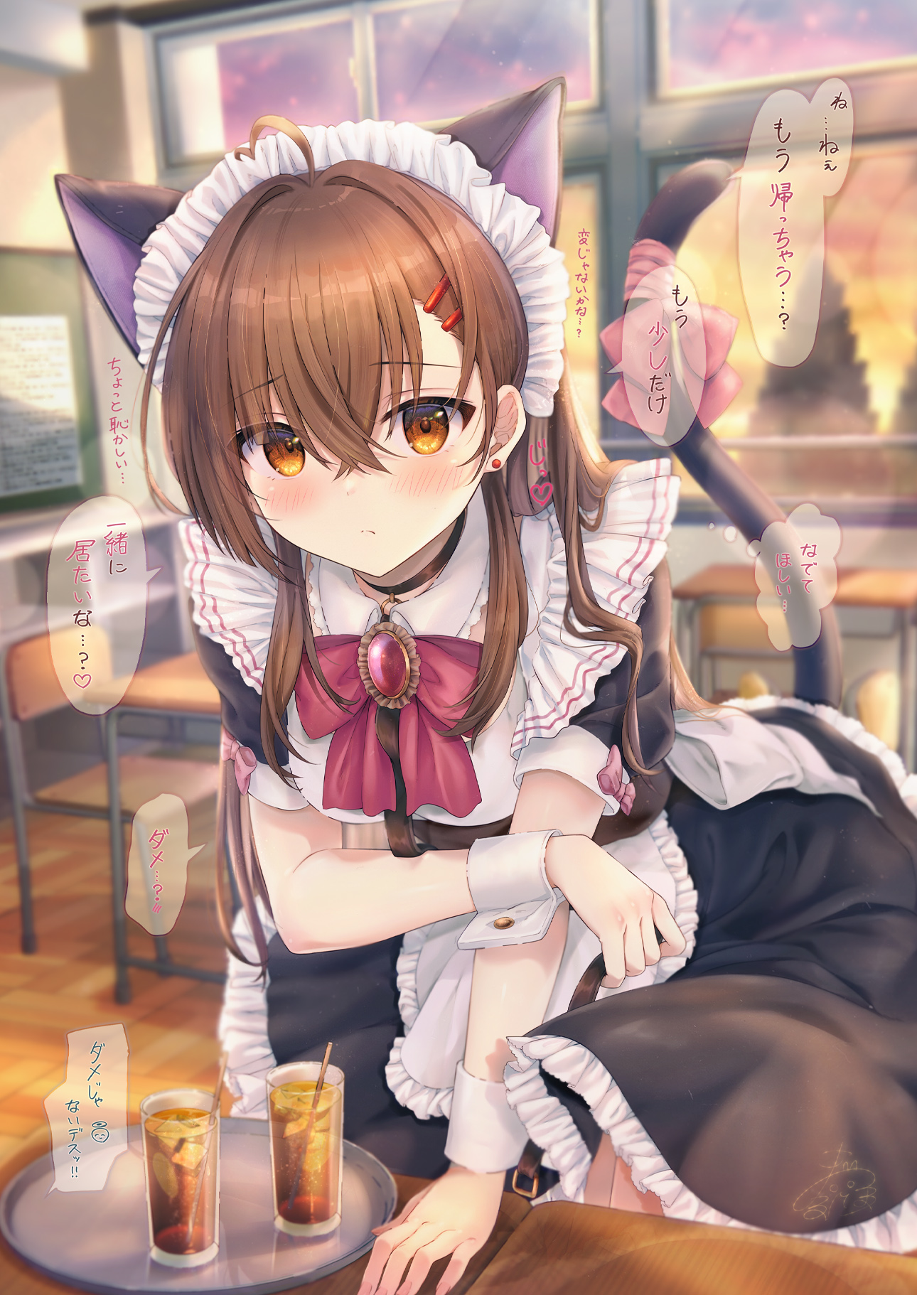 maruma (maruma gic), original, commentary request, highres, translation request, 1girl, ahoge, animal ears, apron, black choker, black dress, blurry, blurry background, blush, bow, brown eyes, brown hair, cat ears, cat girl, cat tail, chair, choker, closed mouth, collared dress, cup, depth of field, desk, dress, drink, drinking glass, drinking straw, frilled apron, frills, hair between eyes, hair intakes, hair ornament, hairclip, ice, ice cube, indoors, long hair, maid, maid headdress, puffy short sleeves, puffy sleeves, red bow, school chair, school desk, short sleeves, solo, sunset, tail, tail bow, tail ornament, tray, very long hair, white apron