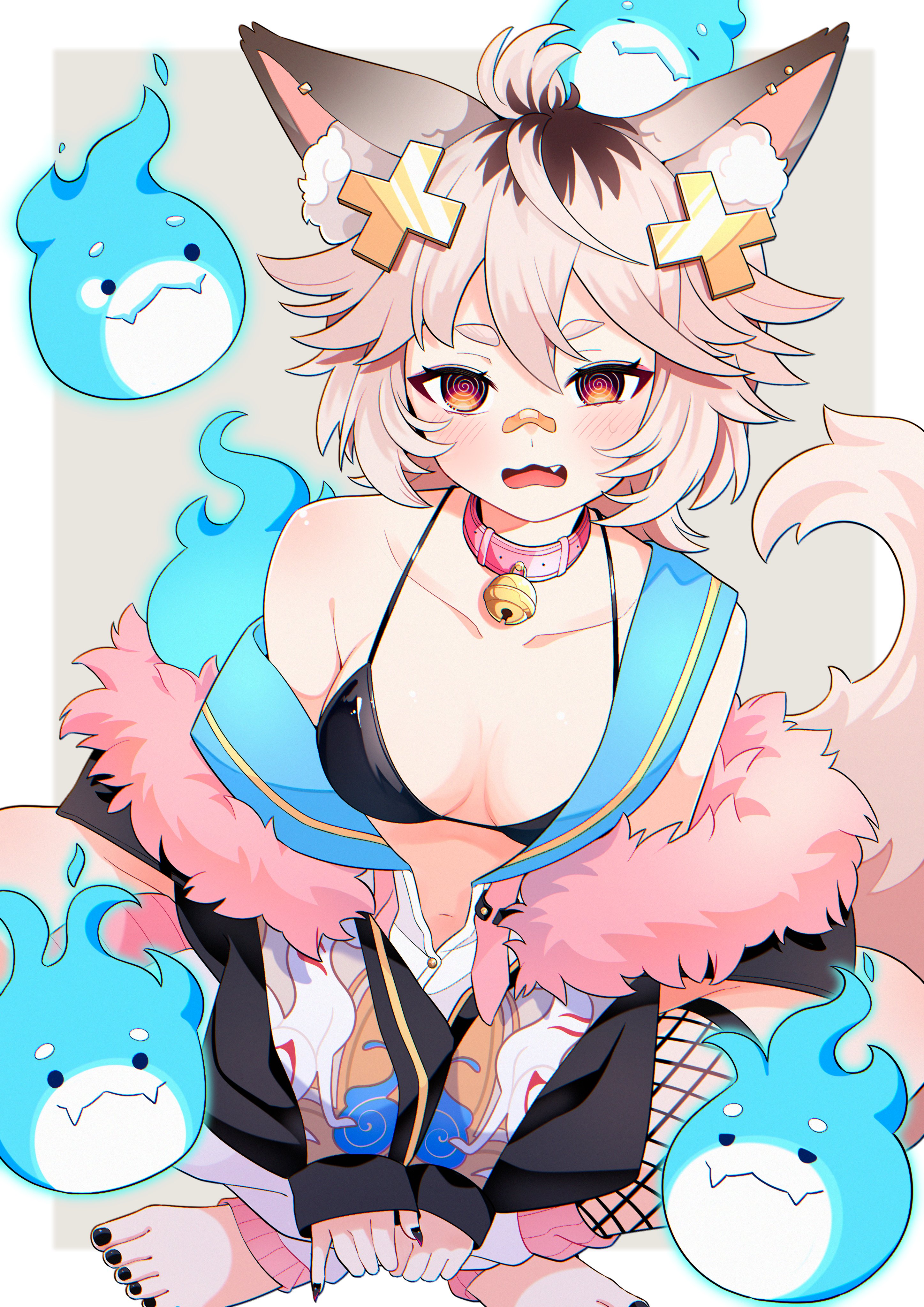 ahenama, shirahiko (vtuber), indie virtual youtuber, absurdres, commentary, english commentary, highres, 1girl, @ @, animal ear fluff, animal ears, asymmetrical legwear, bandaid, bandaid on face, bandaid on nose, bell, black bra, black jacket, black nails, blonde hair, bra, breasts, cleavage, collar, cross hair ornament, feet, fox ears, fox girl, fox tail, fur-trimmed jacket, fur trim, hair ornament, hitodama, jacket, jingle bell, open clothes, open shirt, orange eyes, single fishnet legwear, sitting, small breasts, tail, toes, underwear, virtual youtuber