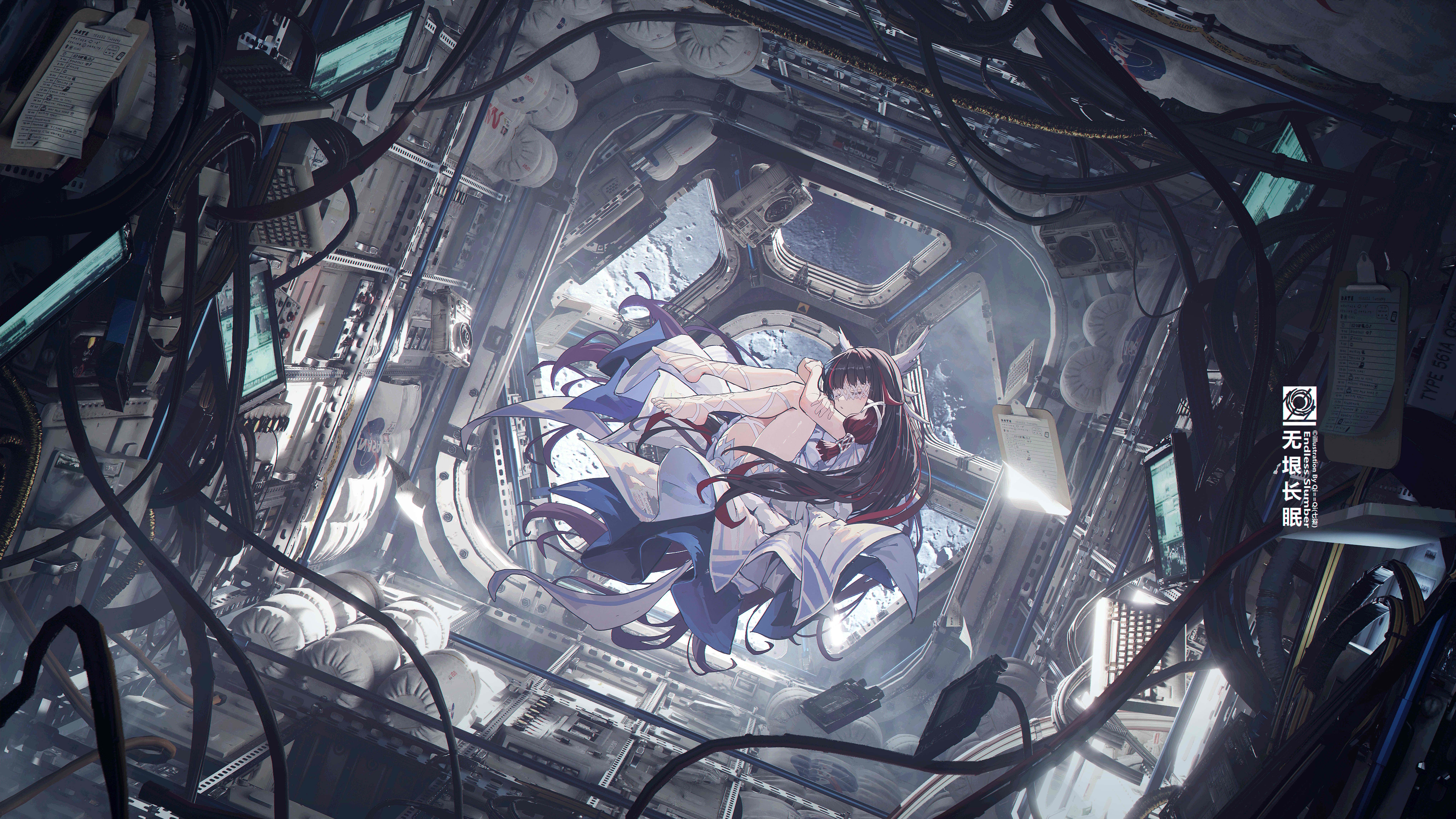 qi==qi, columbina (genshin impact), genshin impact, 1girl, barefoot, closed eyes, floating, multicolored hair, spaceship