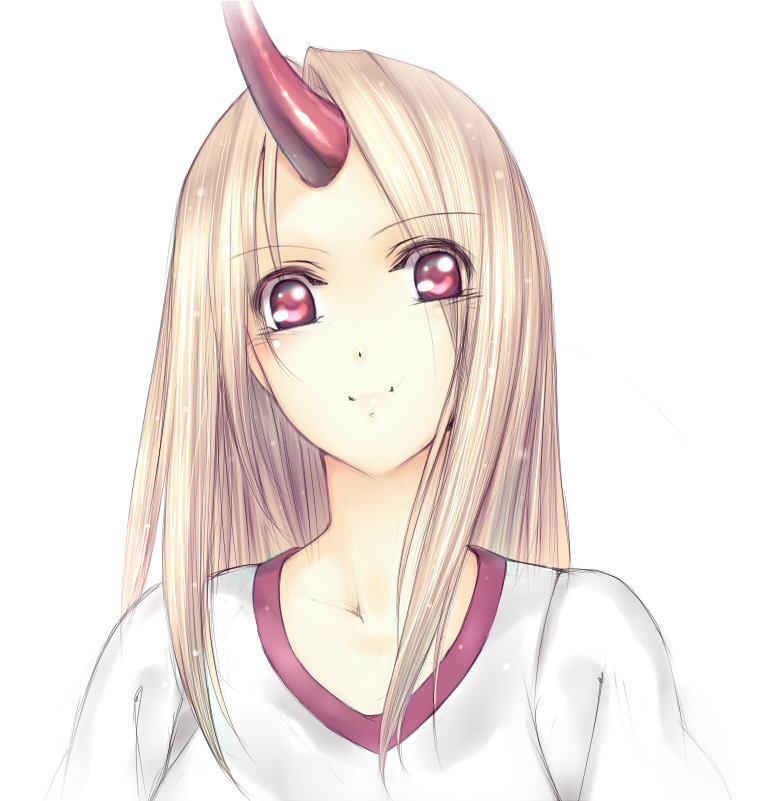 takemori shintarou, hoshiguma yuugi, touhou, bad id, bad pixiv id, 1girl, blonde hair, female focus, horns, long hair, red eyes, single horn, smile, solo