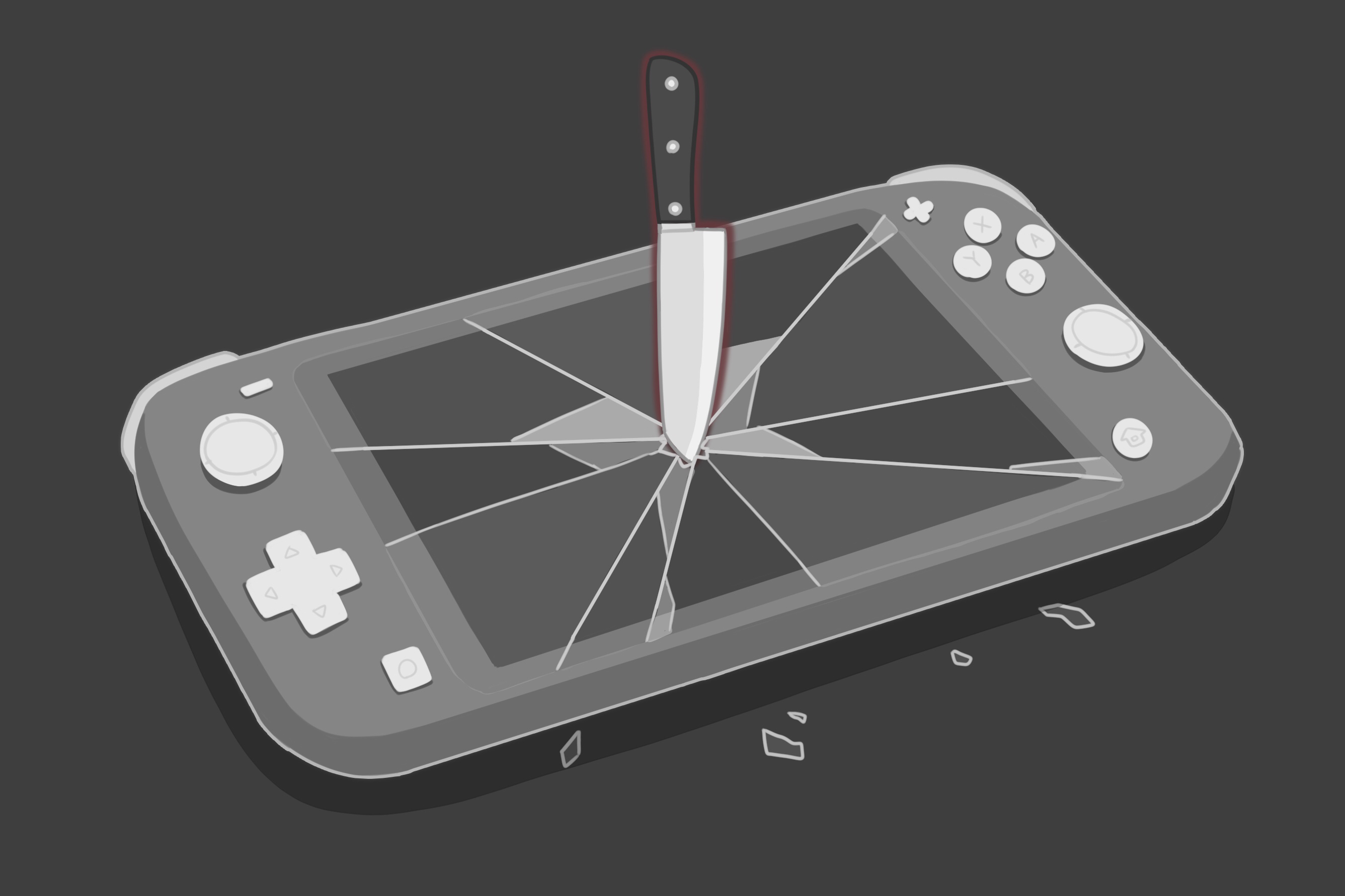 hatoba (hatoba yado), nintendo, omori, commentary request, highres, black background, cracked screen, knife, nintendo switch, no humans, simple background, still life