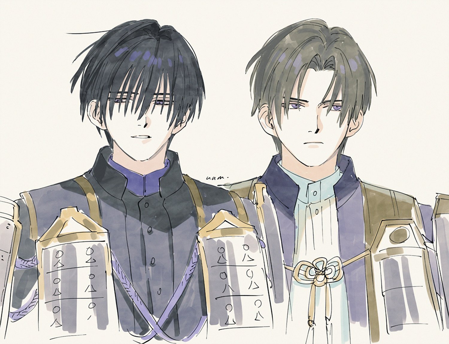 unome (tknm), heshikiri hasebe, touken ranbu, commentary request, 2boys, armor, atakigiri (touken ranbu), black hair, black jacket, black shirt, brown hair, buttons, collar, curtained hair, grin, hair intakes, hair over eyes, high collar, jacket, japanese armor, light frown, light smile, looking down, looking to the side, male focus, multiple boys, parted lips, pauldrons, purple collar, purple eyes, purple rope, rope, serious, shirt, shoulder armor, signature, smile, sode, upper body, white background, white shirt
