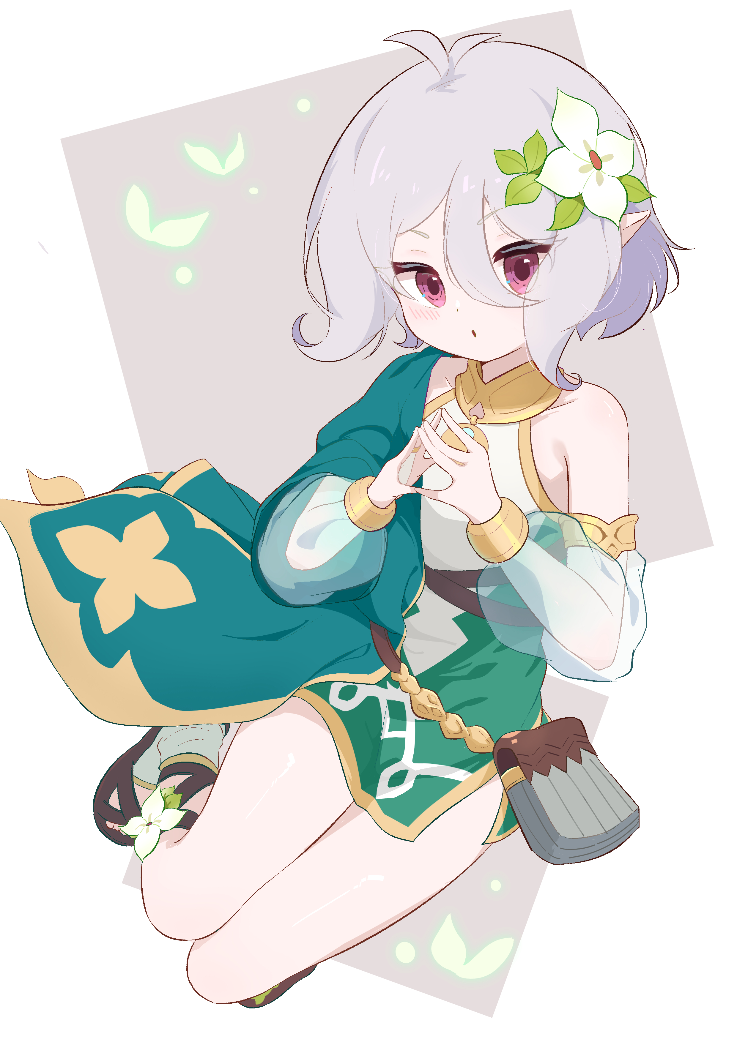 kokkoro (princess connect!), princess connect!, absurdres, commentary request, highres, 1girl, awal2311, belt pouch, dress, elf, eyebrows hidden by hair, fidgeting, flat chest, flower, full body, grey hair, hair between eyes, hair flower, hair ornament, looking at viewer, open mouth, pink eyes, pointy ears, pouch, sandals, solo, toes