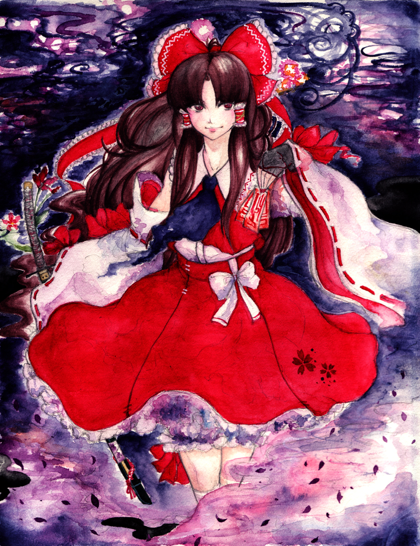 okunin, hakurei reimu, phantasmagoria of flower view, touhou, bad id, bad pixiv id, traditional media, watercolor pencil (medium), 1girl, bow, brown hair, detached sleeves, female focus, japanese clothes, katana, long hair, miko, red eyes, solo, sword, very long hair, weapon