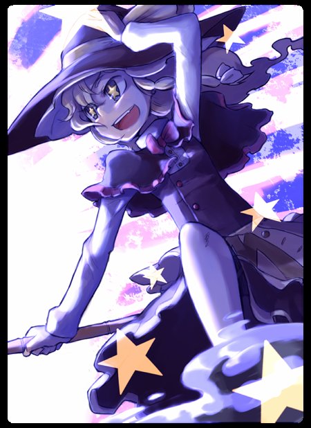 daitai konna kanji, kirisame marisa, touhou, 1girl, bamboo broom, blonde hair, blue eyes, bow, braid, broom, female focus, hair bow, hand on headwear, hat, long hair, open mouth, smile, solo, star-shaped pupils, star (symbol), symbol-shaped pupils, witch hat, yellow eyes