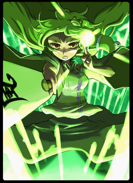 daitai konna kanji, kochiya sanae, touhou, 1girl, bare shoulders, black border, border, breasts, detached sleeves, female focus, gohei, green hair, hair ornament, long hair, medium breasts, oonusa, sideboob, skirt, snake, solo, yellow eyes