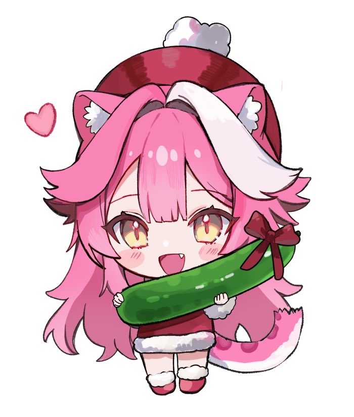 raora panthera (artist), raora panthera, hololive, hololive english, commentary, english commentary, 1girl, :d, animal ears, center-flap bangs, chibi, cucumber, double-parted bangs, dress, fang, food, fruit, full body, fur-trimmed dress, fur-trimmed shoes, fur trim, hat, holding, holding food, holding fruit, long hair, looking at viewer, open mouth, panther ears, panther girl, panther tail, pink hair, red dress, red hat, red shoes, self-portrait, shoes, sidelocks, simple background, smile, solo, tail, very long hair, virtual youtuber, white background, white streaks, yellow eyes