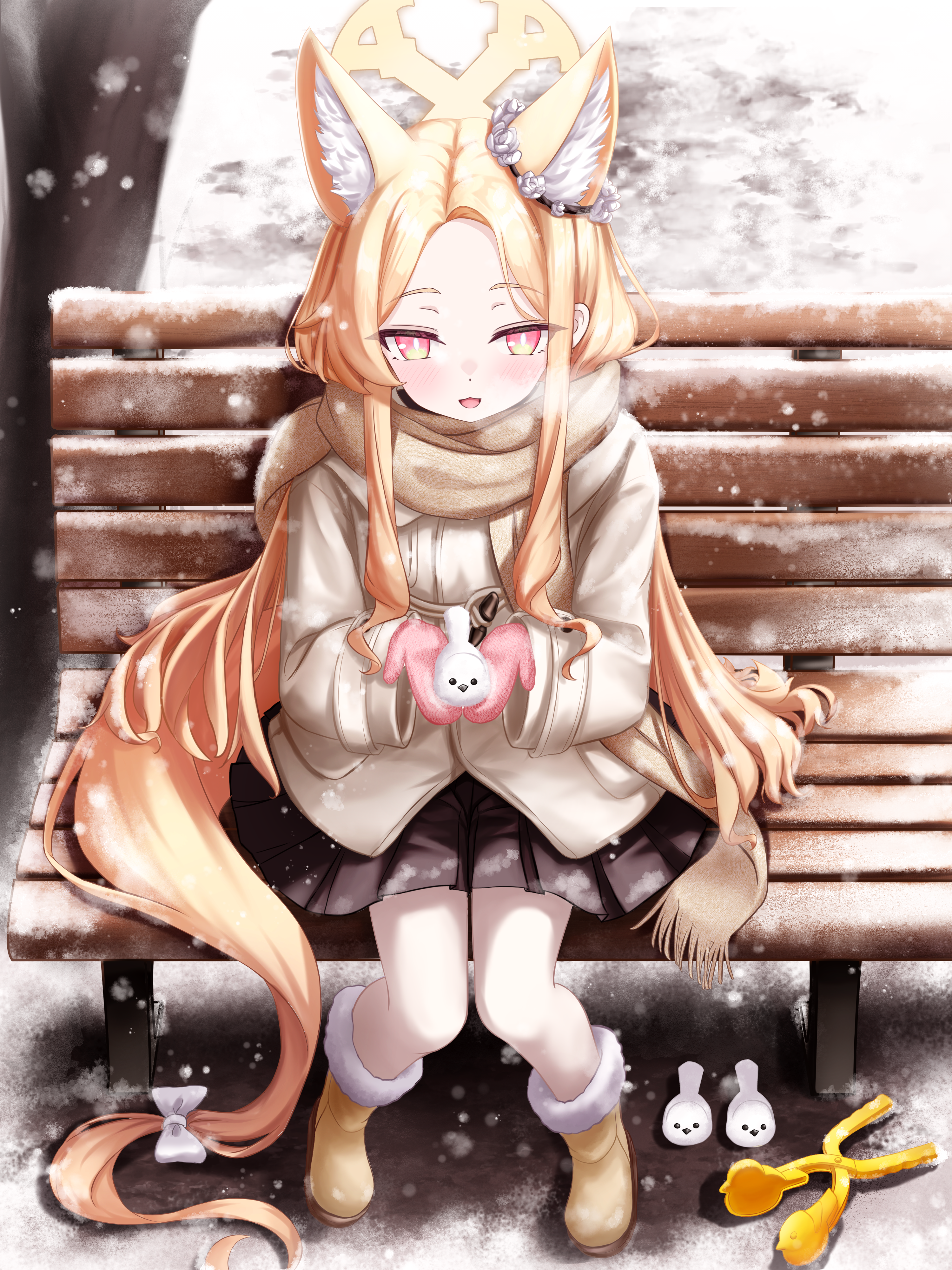 kuma piv, seia (blue archive), blue archive, absurdres, commentary request, highres, 1girl, :3, :d, alternate costume, animal ear fluff, animal ears, bench, black skirt, blonde hair, blush, boots, bow, breath, bright pupils, brown coat, brown scarf, coat, day, enpera, extra ears, flower wreath, forehead, fox ears, fox girl, fox tail, fringe trim, full body, fur-trimmed boots, fur trim, halo, head wreath, holding, knees together feet apart, long hair, long sleeves, looking at viewer, miniskirt, mittens, multicolored eyes, open mouth, outdoors, park bench, parted bangs, pink eyes, pink mittens, pleated skirt, scarf, sidelocks, sitting, skirt, slit pupils, smile, snow, snow bird, snowing, solo, tail, tail bow, tail ornament, tree, two-tone eyes, very long hair, white bow, white pupils, wide sleeves, winter, winter clothes, yellow boots, yellow eyes, yellow halo