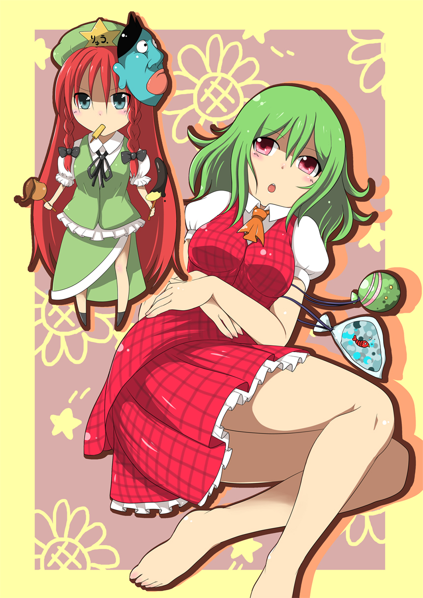 hanagedayo, hong meiling, kazami yuuka, touhou, bad id, bad pixiv id, highres, 2girls, ascot, bag, barefoot, blue eyes, blush, braid, breasts, candy apple, china dress, chinese clothes, chocolate-covered food, chocolate banana, crossed arms, dress, female focus, fish, food, green hair, hands on own stomach, hat, large breasts, legs, long hair, multiple girls, plaid clothes, plaid skirt, plaid vest, popsicle, red eyes, red hair, shaded face, short hair, skirt, skirt set, twin braids, very long hair, vest