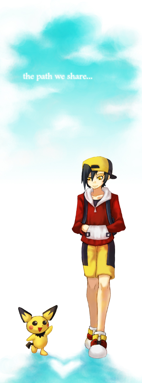 fuya (tempupupu), temp (artist), ethan (pokemon), pichu, nintendo, pixiv, pokemon, bad id, bad pixiv id, highres, 1boy, gen 2 pokemon, gradient background, hat, male focus, pokemon (creature), white background