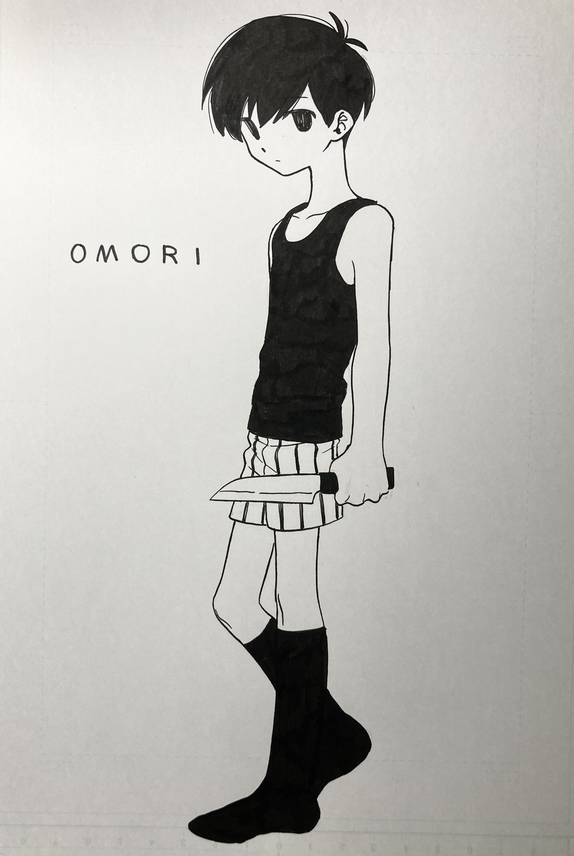 menma (enaic31), omori (omori), omori, absurdres, commentary request, highres, traditional media, 1boy, antenna hair, character name, closed mouth, collarbone, expressionless, full body, greyscale, holding, holding knife, kneehighs, knife, looking at viewer, male focus, monochrome, multicolored shorts, short hair, shorts, simple background, socks, solo, striped clothes, striped shorts, tank top, two-tone shorts, vertical-striped clothes, vertical-striped shorts