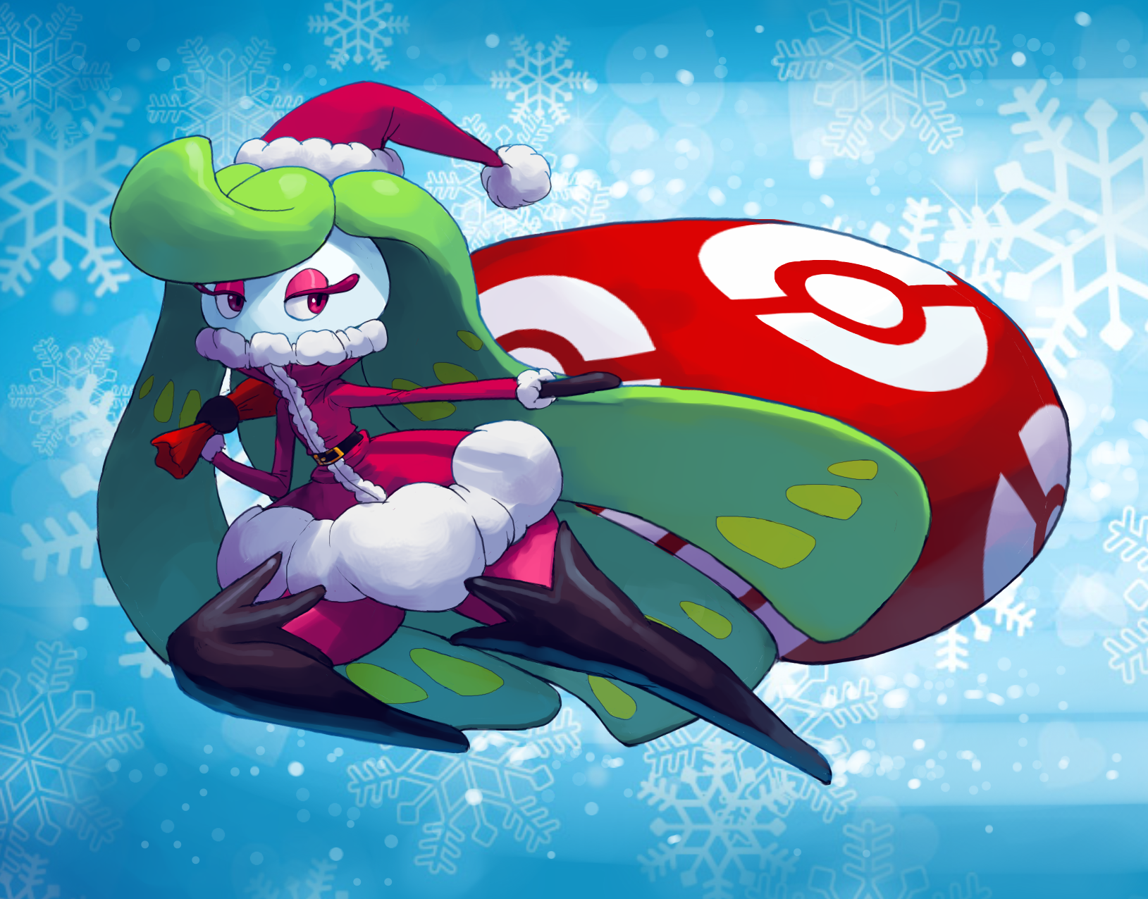 drawfag, outta sync, tsareena, nintendo, pokemon, 1girl, belt, blue background, boots, full body, fur trim, gen 7 pokemon, gloves, hat, looking to the side, no humans, pink eyes, pokemon (creature), pokemon focus, running, sack, santa costume, santa hat, snow, snowflake background, snowflake print, snowflakes, solo, thigh boots