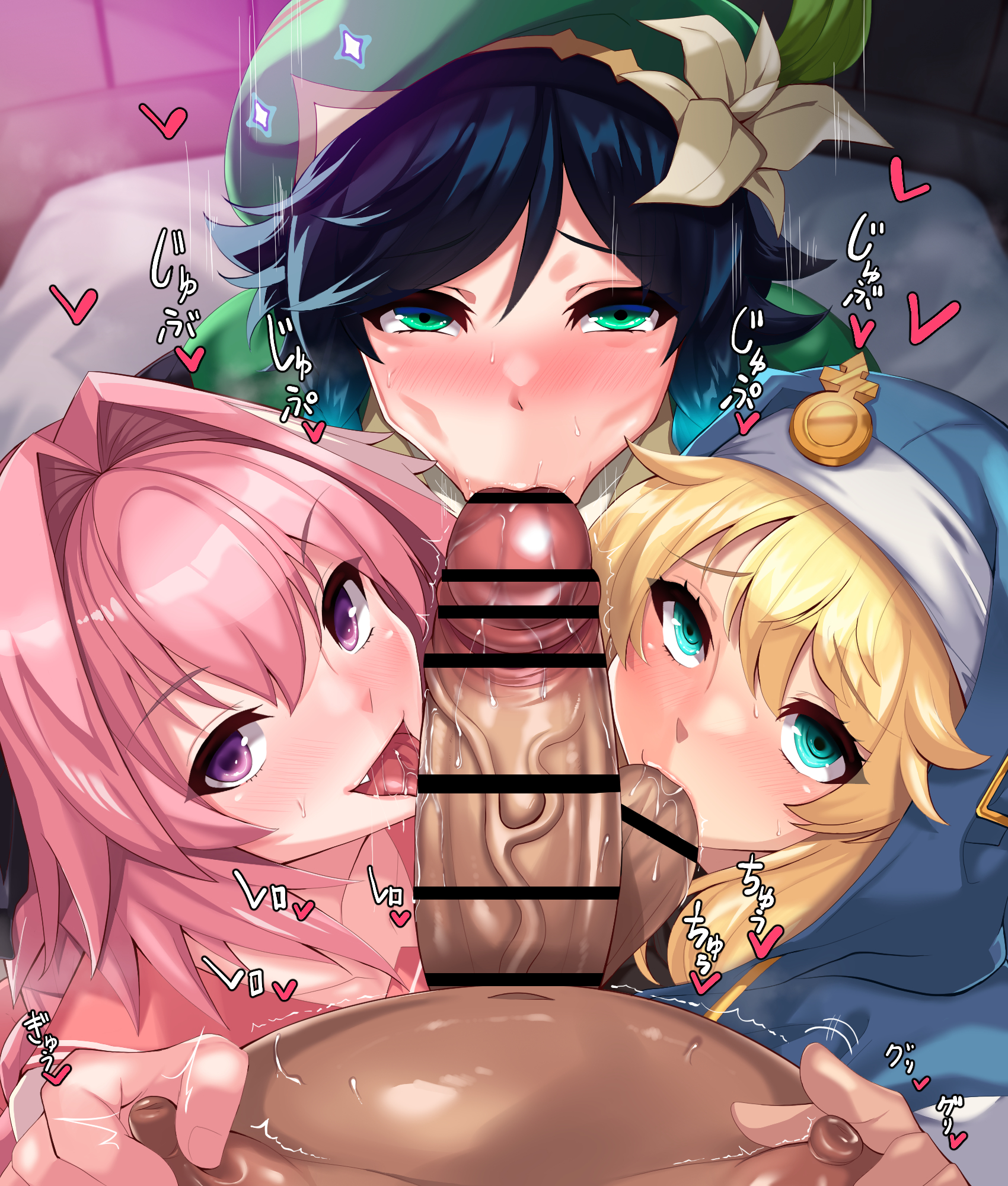 sakusaku, astolfo (fate), bridget (guilty gear), venti (genshin impact), fate/apocrypha, fate (series), genshin impact, guilty gear, guilty gear strive, highres, translation request, 4boys, bar censor, blonde hair, blue eyes, blush, braid, cecilia flower (genshin impact), censored, clothed male nude male, cooperative fellatio, crossover, dark-skinned male, dark skin, erection, fellatio, green eyes, green hair, group sex, hat, heart, hood, hood up, licking, licking penis, licking testicle, looking at viewer, male focus, multiple boys, nipple stimulation, nipple tweak, nipples, nude, open mouth, oral, penis, pink hair, pov, pov crotch, purple eyes, teamwork (sexual), testicles, tongue, tongue out, trap, trembling, twin braids, veins, veiny penis, yaoi