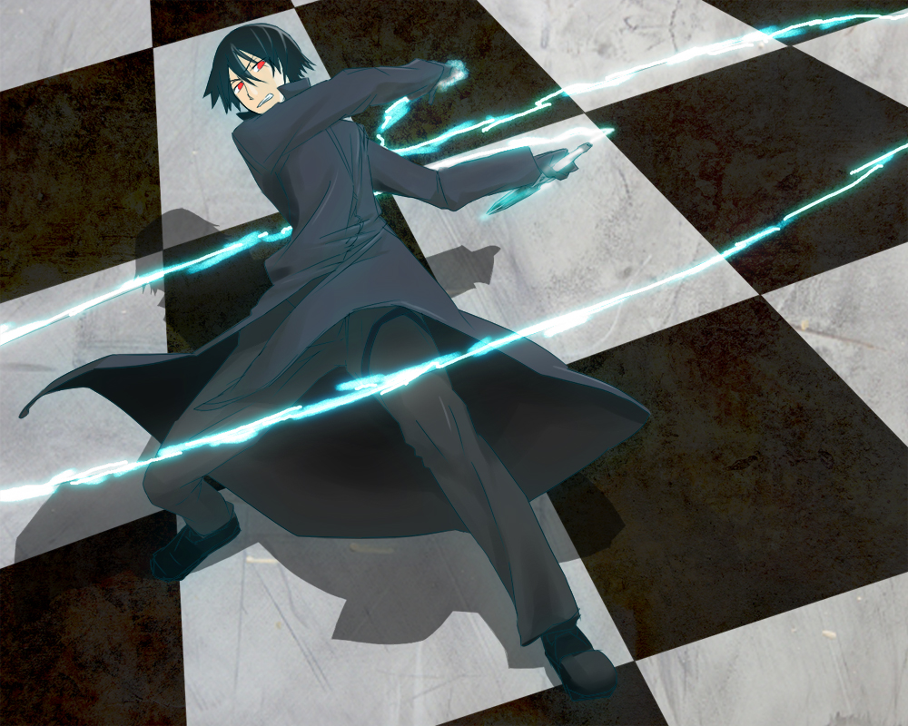 yuuna (upper-soul), hei (darker than black), darker than black, bad id, bad pixiv id, 00s, 1boy, battle, black hair, black shoes, checkered background, clenched teeth, full body, glowing, hair between eyes, knife, legs apart, male focus, red eyes, shadow, shoes, solo, teeth