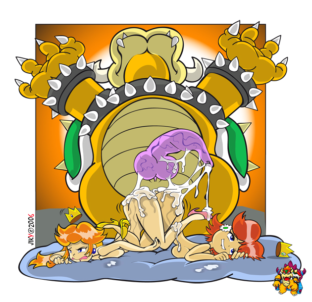 jiky, bowser, princess daisy, princess peach, mario (series), nintendo, super mario bros. 1, super mario land, lip biting, 1boy, 2girls, aftersex, ahegao, ass, blonde hair, blue eyes, breasts, brown hair, crown, cum, cum in pussy, cum on ass, cum on body, cum on clothes, cum on lower body, cum string, cumdrip, earrings, fucked silly, group sex, hands up, high heels, huge penis, interspecies, jewelry, long hair, monster, multiple girls, nude, penis, princess, shoes, top-down bottom-up