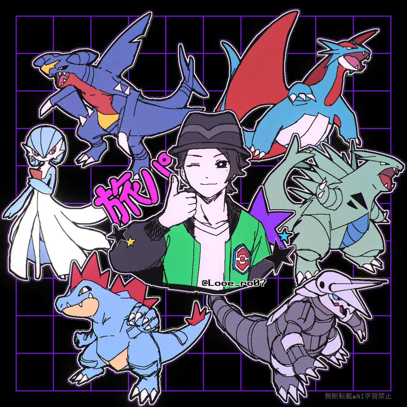 aggron, feraligatr, garchomp, gardevoir, paxton (pokemon), salamence, tyranitar, nintendo, pokemon, pokemon legends: z-a, commentary request, highres, 1boy, alternate color, artist name, black hair, black hat, blue eyes, blue hair, blue skin, bob cut, claws, colored skin, dragon, dress, fangs, gen 2 pokemon, gen 3 pokemon, gen 4 pokemon, green skin, hat, horns, jacket, looe ro07, multicolored jacket, one eye closed, pokemon (creature), shiny pokemon, smile, thumbs up, two-tone jacket, white dress, wings, yellow eyes