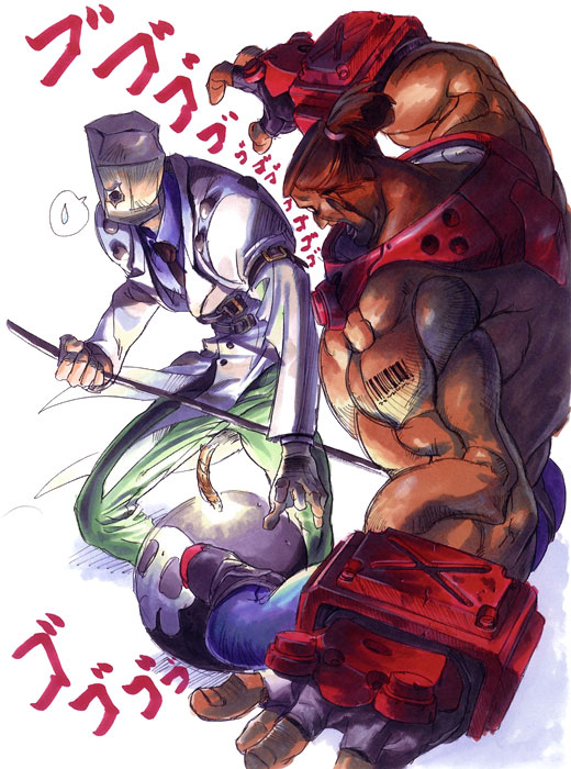 ishiwatari daisuke, faust (guilty gear), potemkin (guilty gear), arc system works, guilty gear, 2boys, bag over head, barcode, bomb, explosive, multiple boys, spoken sweatdrop, sweatdrop