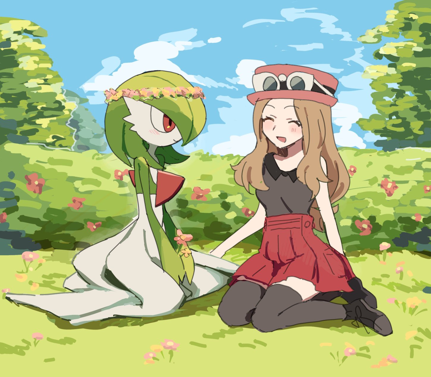 kuru (4rfw7), gardevoir, serena (pokemon), nintendo, pokemon, pokemon xy, commentary request, highres, 1girl, black thighhighs, blue sky, bob cut, brown hair, closed eyes, dress, eyewear on headwear, flower, flower wreath, gen 3 pokemon, green hair, hat, long hair, pink hat, pokemon (creature), red eyes, red skirt, sitting, skirt, sky, smile, thighhighs, white dress