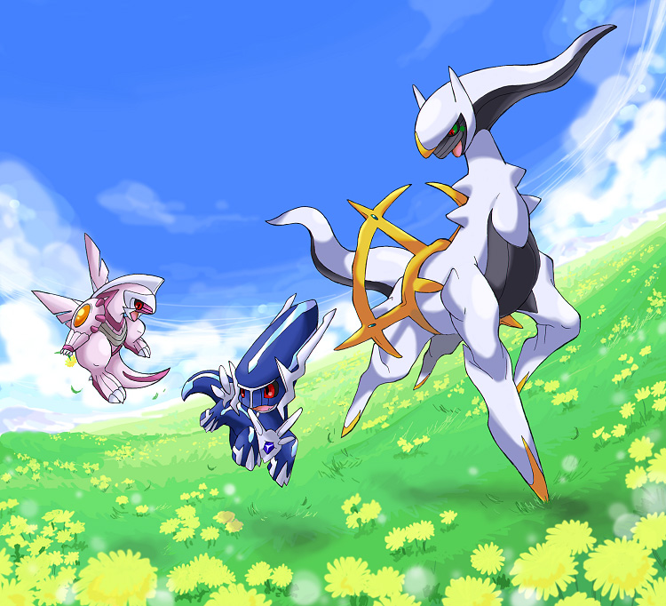 ibui matsumoto, arceus, dialga, palkia, nintendo, pokemon, pokemon dppt, 00s, aged down, cloud, dandelion, day, dragon, flower, gen 4 pokemon, grass, legendary pokemon, mythical pokemon, no humans, pokemon (creature), sky