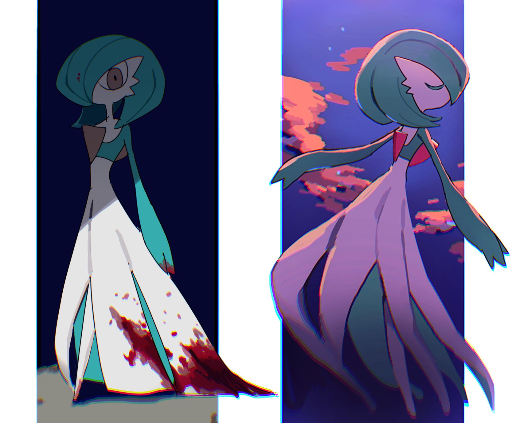 kuru (4rfw7), gardevoir, nintendo, pokemon, commentary request, highres, blood, bob cut, closed eyes, colored skin, dress, gen 3 pokemon, green hair, green skin, hair over one eye, multicolored skin, multiple views, pokemon (creature), two-tone skin, white dress, white skin
