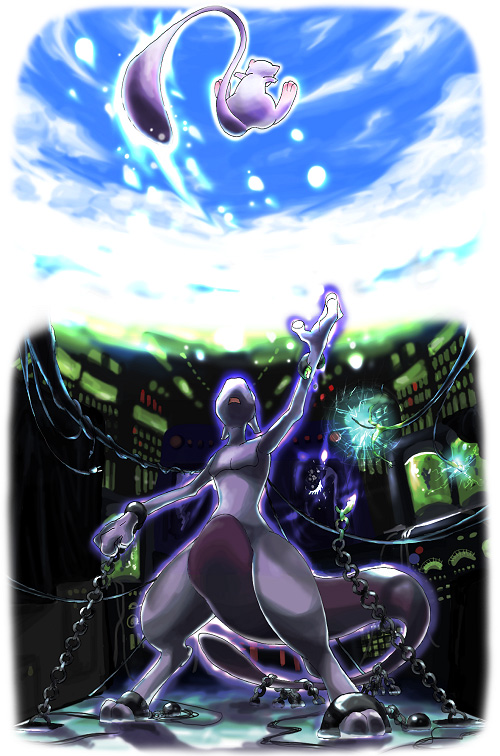 ibui matsumoto, mew (pokemon), mewtwo, nintendo, pokemon, cable, chain, epic, gen 1 pokemon, laboratory, legendary pokemon, mythical pokemon, no humans, outstretched arm, outstretched hand, pokemon (creature), reaching, sky, sparks, stasis tank, wire