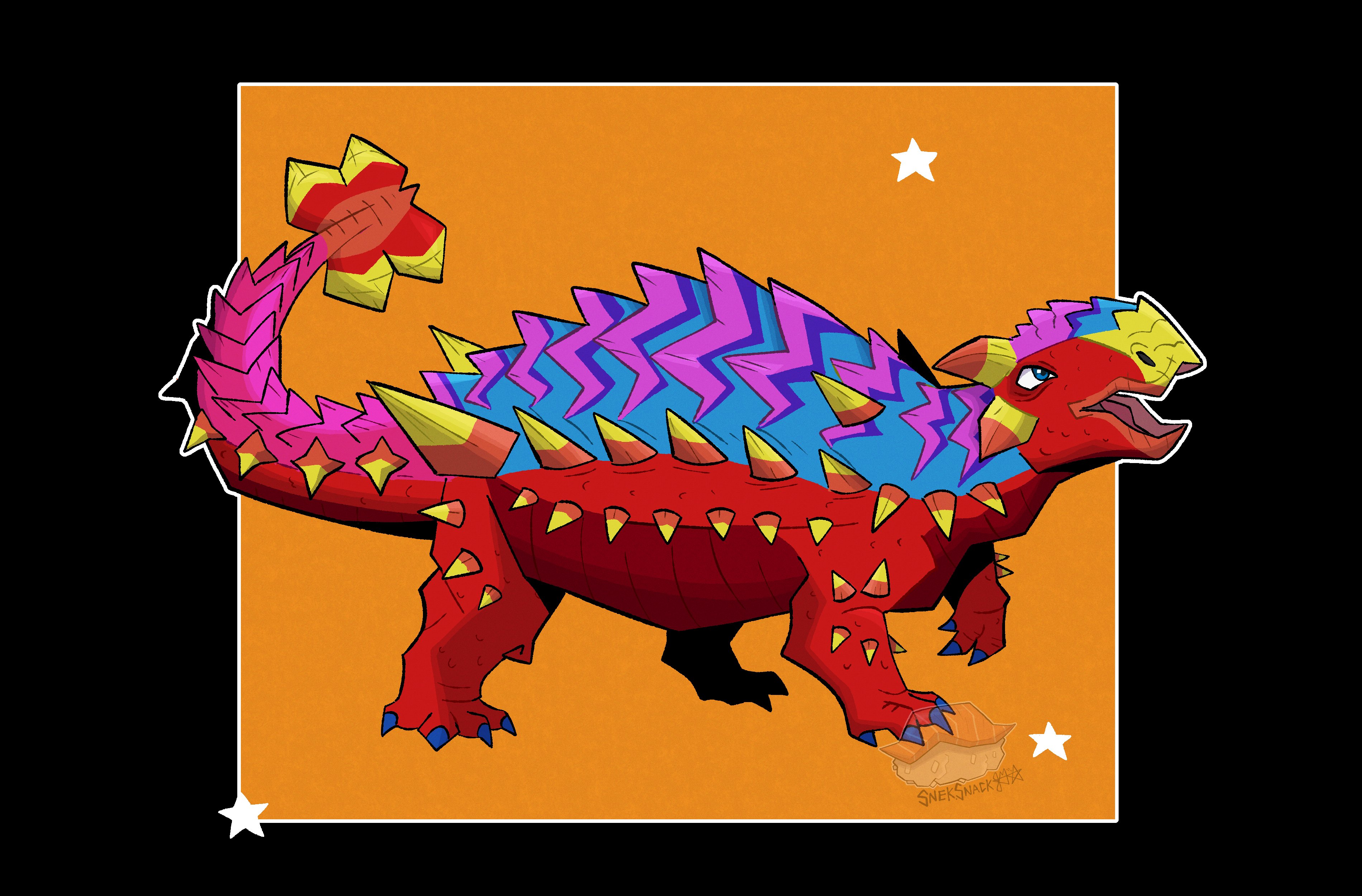 saichania, snek snack, fossil fighters, absurdres, commentary, english commentary, highres, ankylosaurus, artist logo, black background, dinosaur, from side, full body, logo, no humans, open mouth, orange background, outline, saichan (fossil fighters), star (symbol), vivosaur, white outline