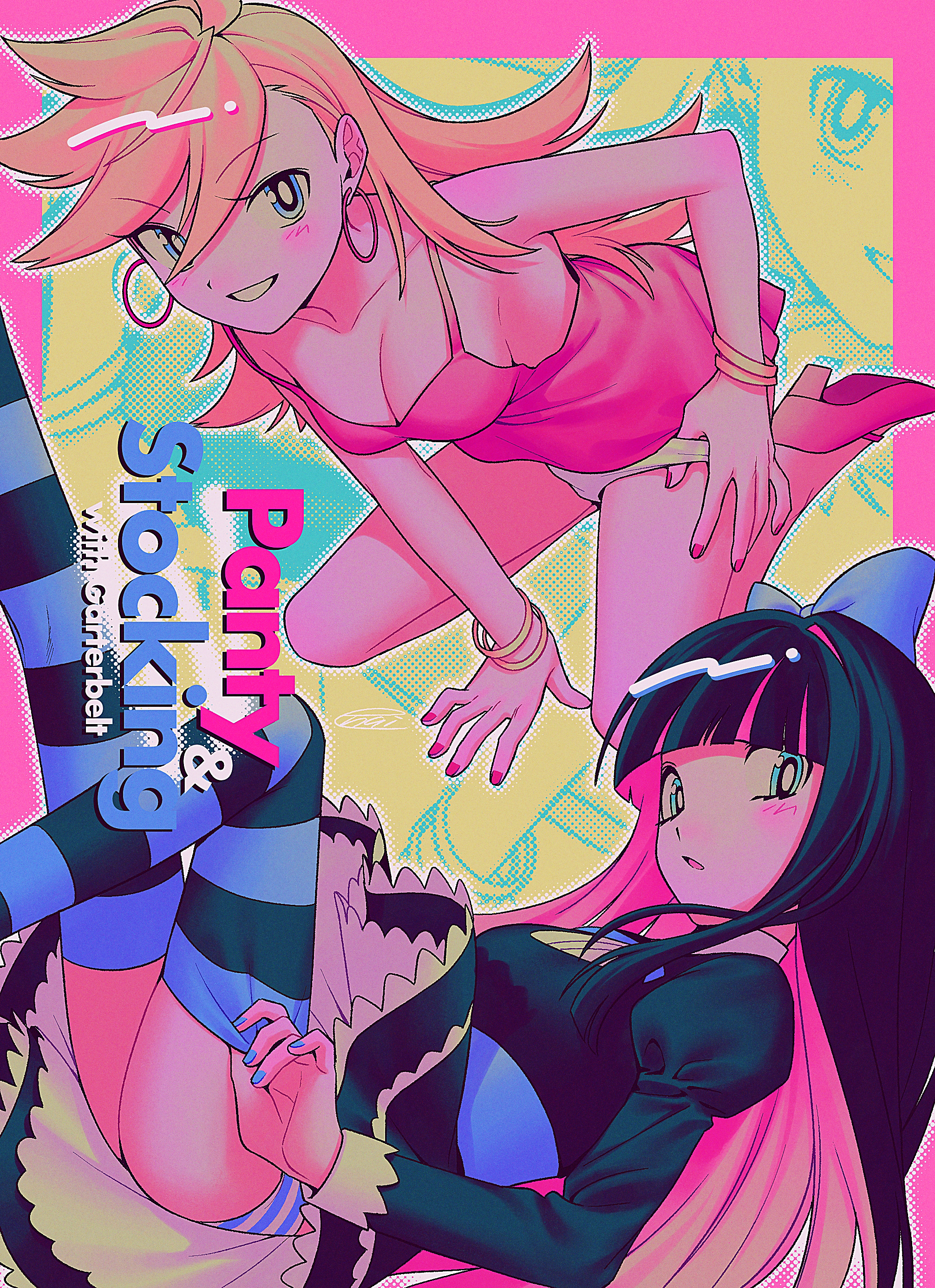 menma (enaic31), panty (psg), stocking (psg), panty & stocking with garterbelt, absurdres, commentary request, highres, 2girls, :d, adjusting clothes, adjusting legwear, adjusting panties, black dress, black hair, black thighhighs, blonde hair, blue bow, blue eyes, blue nails, blue panties, blue thighhighs, blunt bangs, border, bow, bracelet, breasts, bright pupils, cleavage, collarbone, colored inner hair, copyright name, dress, earrings, faux retro artstyle, feet out of frame, film grain, full body, gold bracelet, grin, hair behind ear, hair between eyes, hair bow, halftone, halftone background, high heels, hoop earrings, jewelry, juliet sleeves, legs up, long hair, long sleeves, looking at viewer, medium breasts, multicolored hair, multicolored thighhighs, multiple girls, nail polish, open mouth, outline, outside border, panties, petticoat, pink border, pink dress, pink hair, pink nails, pink shoes, puffy sleeves, retro artstyle, shoes, short dress, siblings, simple background, sisters, sitting, sleeveless, sleeveless dress, small breasts, smile, spaghetti strap, streaked hair, striped clothes, striped panties, striped thighhighs, thighhighs, tongue, two-tone hair, two-tone panties, two-tone thighhighs, underwear, very long hair, wariza, white outline, white panties, white pupils, yellow background, zoom layer